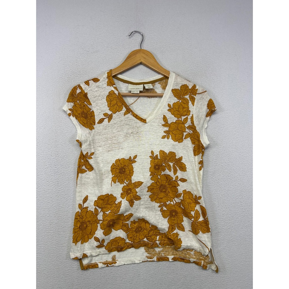 Boho Floral Cynthia Rowley Womens Medium White Gold 100% Linen Top Natural Fiber